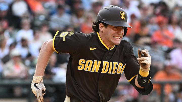 San Diego Padres designated hitter Nick Solak (15) reaches base on a single during the eighth inning against the Baltimore Orioles at Oriole Park at Camden Yards on June 13.