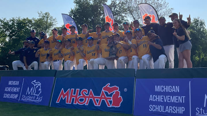 Hartland celebrates after beating Dakota 5-3 in extra innings to win the 2025 MHSAA Division 1 baseball state title.