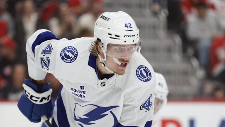 Oct 17, 2025; Detroit, Michigan, USA; Tampa Bay Lightning center Curtis Douglas (42) looks on during the second period against the Detroit Red Wings at Little Caesars Arena. Mandatory Credit: Brian Bradshaw Sevald-Imagn Images