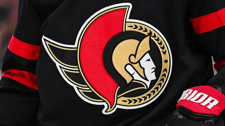 Nov 25, 2024; Ottawa, Ontario, CAN; View of a Ottawa Senators logo on a jersey worn by a member of the team during the second period at Canadian Tire Centre. Mandatory Credit: David Kirouac-Imagn Images