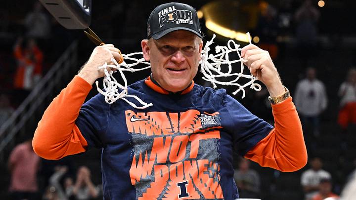 Mar 28, 2026; Houston, TX, USA; Illinois Fighting Illini head coach Brad Underwood celebrates after cutting down the net after defeating the Iowa Hawkeyes in an Elite Eight game of the South Regional of the men's 2026 NCAA Tournament at Toyota Center. Mandatory Credit: Maria Lysaker-Imagn Images Mar 28, 2026; Houston, TX, USA; Illinois Fighting Illini head coach Brad Underwood celebrates after cutting down the net after defeating the Iowa Hawkeyes in an Elite Eight game of the South Regional of the men's 2026 NCAA Tournament at Toyota Center. Mandatory Credit: Maria Lysaker-Imagn Images