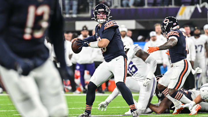 Caleb Williams looks for a target against the Vikings last season. Looking for bigger plays is Ben Johnson's way to impact a key statistic.