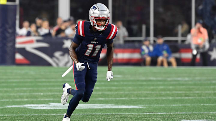 Aug 10, 2023; Foxborough, Massachusetts, USA; New England Patriots wide receiver Tyquan Thornton (11) during the first half against the Houston Texans at Gillette Stadium. Mandatory Credit: Eric Canha-Imagn Images
