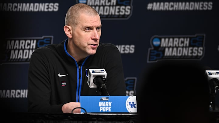 Mar 22, 2026; St. Louis, MO, USA; Kentucky Wildcats head coach Mark Pope speaks during the postgame press conference after the game against the Iowa State Cyclones during a second round game of the men's 2026 NCAA Tournament at Enterprise Center. Mandatory Credit: Jeff Le-Imagn Images