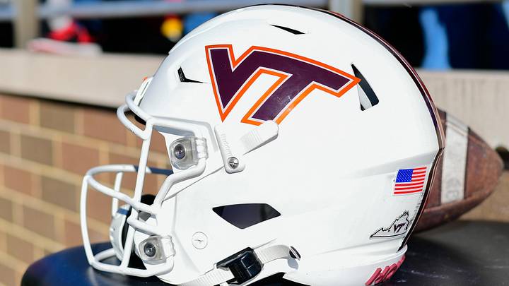 Nov 11, 2023; Chestnut Hill, Mass.; A Virginia Tech helmet rests on a table during the first half against Boston College.