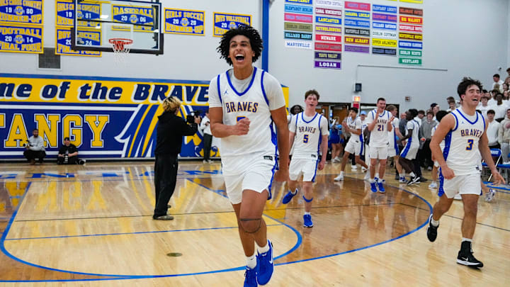 Olentangy's Jackson Mangham (2) celebrates after defeating Olentangy Berlin in the OHSAA boys basketball game at Olentangy High School on Friday, Jan. 16, 2026 in Lewis Center, Ohio.