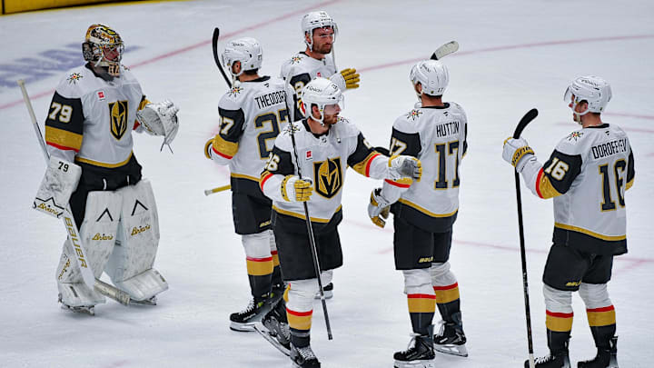 May 8, 2026; Anaheim, California, USA; Vegas Golden Knights celebrate the victory against the Anaheim Ducks following game three of the second round of the 2026 Stanley Cup Playoffs at Honda Center. Mandatory Credit: Gary A. Vasquez-Imagn Images