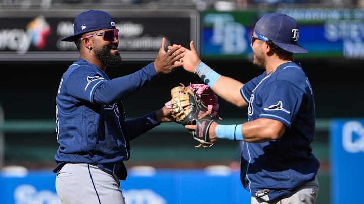Mar 29, 2026; St. Louis, Missouri, USA; Tampa Bay Rays third baseman Junior Caminero (13) celebrates with first baseman Jonathan Aranda (8) after the Rays defeated the St. Louis Cardinals at Busch Stadium. Mandatory Credit: Jeff Curry-Imagn Images Mar 29, 2026; St. Louis, Missouri, USA; Tampa Bay Rays third baseman Junior Caminero (13) celebrates with first baseman Jonathan Aranda (8) after the Rays defeated the St. Louis Cardinals at Busch Stadium. Mandatory Credit: Jeff Curry-Imagn Images