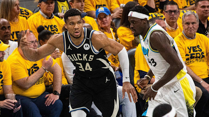 Apr 29, 2025; Indianapolis, Indiana, USA; Milwaukee Bucks forward Giannis Antetokounmpo (34) celebrates a made basket during game five of the first round for the 2024 NBA Playoffs against the Indiana Pacers at Gainbridge Fieldhouse. Mandatory Credit: Trevor Ruszkowski-Imagn Images