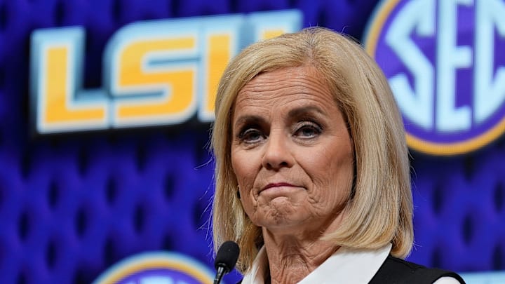 LSU head coach Kim Mulkey speaks during SEC Media Day at the Grand Bohemian Hotel in Mountain Brook Tuesday, Oct. 16, 2024.
