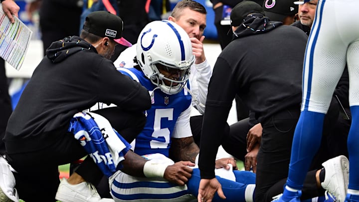 Oct 8, 2023; Indianapolis, Indiana, USA; Indianapolis Colts quarterback Anthony Richardson (5) sits