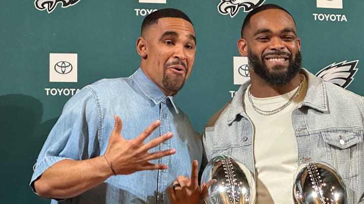 Jalen Hurts joined Brandon Graham at his retirement press conference on March 18, 2025.