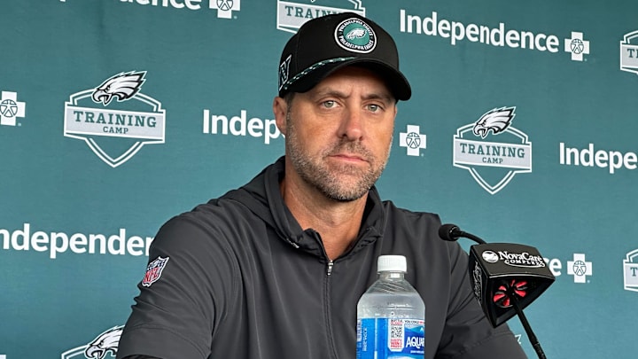 Eagles OC Kevin Patullo speaks with reporters prior to practice on July 26, 2025. 
