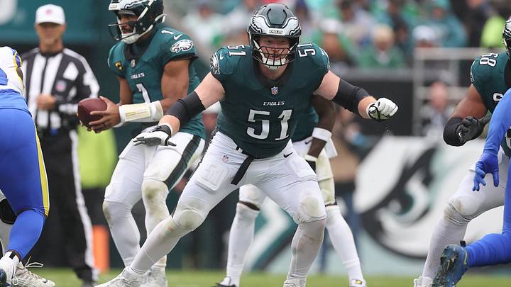 Oct 4, 2026; Philadelphia, Pennsylvania, USA; Philadelphia Eagles center Cam Jurgens (51) plays against the Los Angeles Rams at Lincoln Financial Field. Mandatory Credit: Bill Streicher-Imagn Images