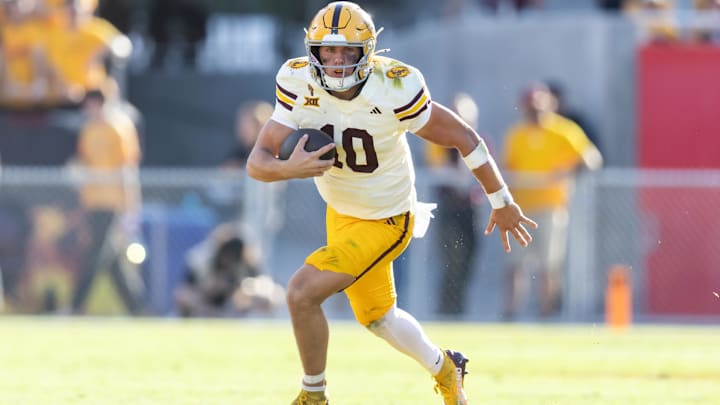 Oct 18, 2025; Tempe, Arizona, USA; Arizona State Sun Devils quarterback Sam Leavitt (10) against the Texas Tech Red Raiders at Mountain America Stadium. Mandatory Credit: Mark J. Rebilas-Imagn Images