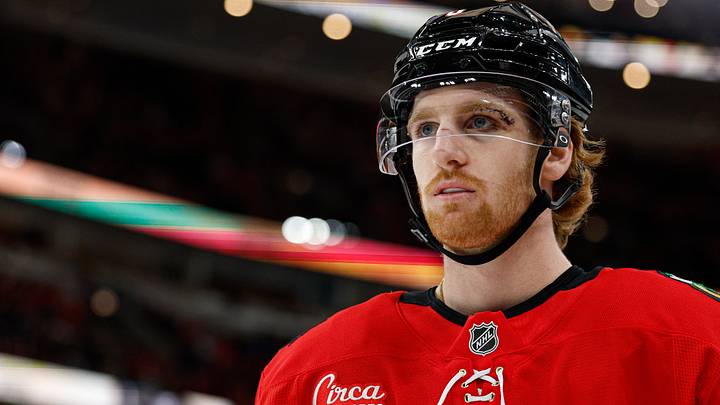 Oct 26, 2025; Chicago, Illinois, USA; Chicago Blackhawks defenseman Sam Rinzel (6) looks on during the first period of an NHL game against the Los Angeles Kings at United Center. Mandatory Credit: Kamil Krzaczynski-Imagn Images