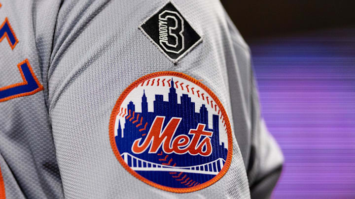 May 15, 2024; Philadelphia, Pennsylvania, USA; New York Mets logo on the sleeve of J.D. Martinez during a game against the Philadelphia Phillies at Citizens Bank Park. Mandatory Credit: Bill Streicher-Imagn Images