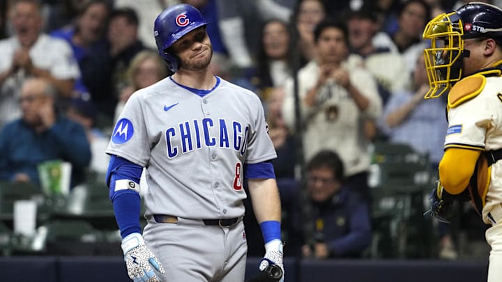 Oct 11, 2025; Milwaukee, Wisconsin, USA; Chicago Cubs left fielder Ian Happ (8) reacts after striking out against the Milwaukee Brewers in the fourth inning during game five of the NLDS round for the 2025 MLB playoffs at American Family Field. Mandatory Credit: Michael McLoone-Imagn Images
