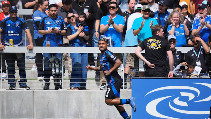 Apr 6, 2025; San Jose, California, USA; San Jose Earthquakes striker Josef Martinez (17) celebrates after scoring a goal against DC United during the first half at PayPal Park. Mandatory Credit: Kelley L Cox-Imagn Images