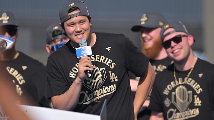 Los Angeles Dodgers designated hitter Shohei Ohtani (17) during the World Series celebration at Dodger Stadium. Los Angeles Dodgers designated hitter Shohei Ohtani (17) during the World Series celebration at Dodger Stadium.