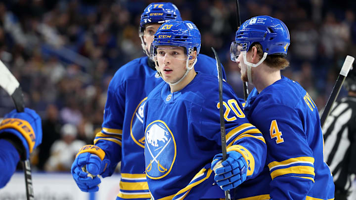 Mar 27, 2025; Buffalo, New York, USA;  Buffalo Sabres center Jiri Kulich (20) celebrates his goal with teammates during the second period against the Pittsburgh Penguins at KeyBank Center. Mandatory Credit: Timothy T. Ludwig-Imagn Images