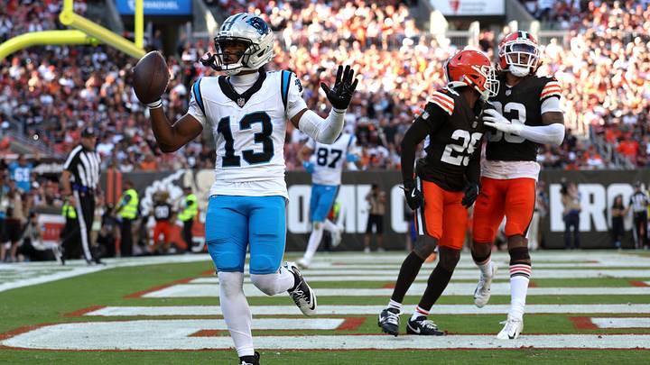 Carolina Panthers wide receiver John Metchie III (13) celebrates after scoring a touchdown Carolina Panthers wide receiver John Metchie III (13) celebrates after scoring a touchdown