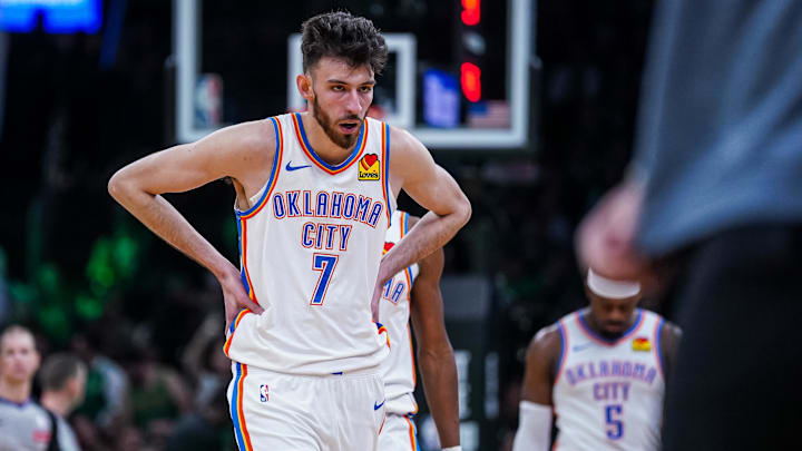 Mar 12, 2025; Boston, Massachusetts, USA; Oklahoma City Thunder forward Chet Holmgren (7) returns to the sideline during a break against the Boston Celtics in the third quarter at TD Garden. Mandatory Credit: David Butler II-Imagn Images