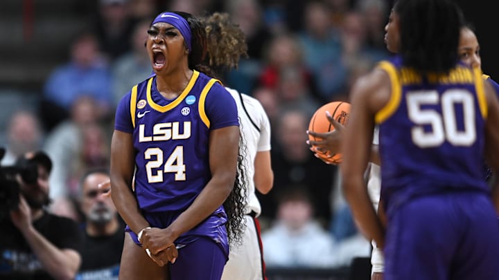 Mar 28, 2025; Spokane, WA, USA; LSU Lady Tigers forward Aneesah Morrow (24) reacts after a play against the NC State Wolfpack during the second half of a Sweet 16 NCAA Tournament basketball game at Spokane Arena. Mandatory Credit: James Snook-Imagn Images Mar 28, 2025; Spokane, WA, USA; LSU Lady Tigers forward Aneesah Morrow (24) reacts after a play against the NC State Wolfpack during the second half of a Sweet 16 NCAA Tournament basketball game at Spokane Arena. Mandatory Credit: James Snook-Imagn Images
