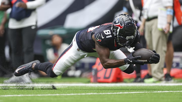 Aug 17, 2024; Houston, Texas, USA; Houston Texans wide receiver Quintez Cephus (81) attempts to catch a pass during the fourth quarter against the New York Giants at NRG Stadium.