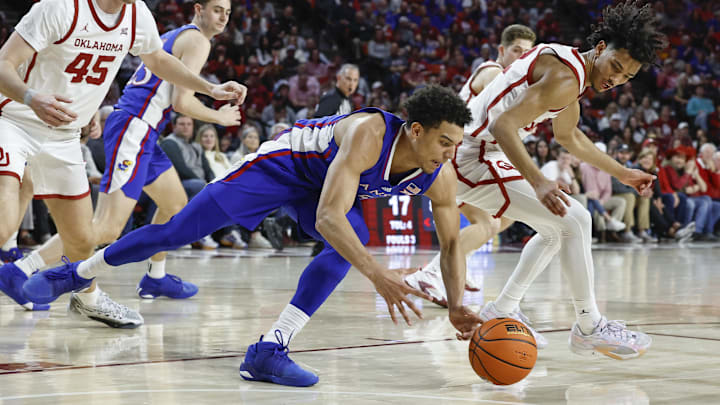 Feb 17, 2024; Norman, Oklahoma, USA; Kansas Jayhawks guard Kevin McCullar Jr. (15)