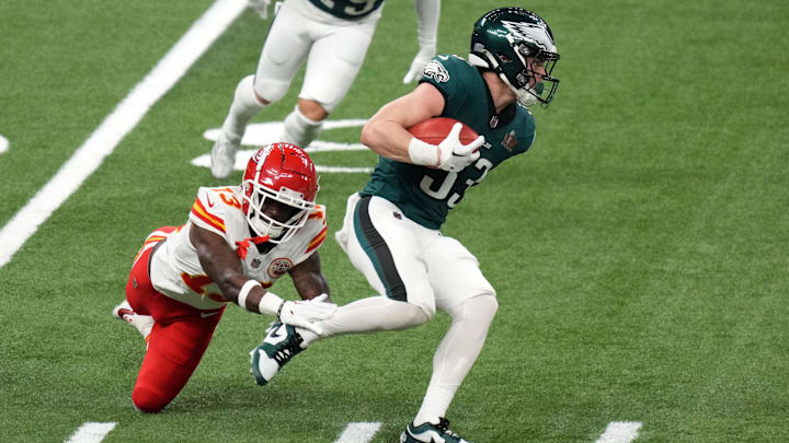 Feb 9, 2025: Philadelphia Eagles cornerback Cooper DeJean returns a punt in Super Bowl LIX.