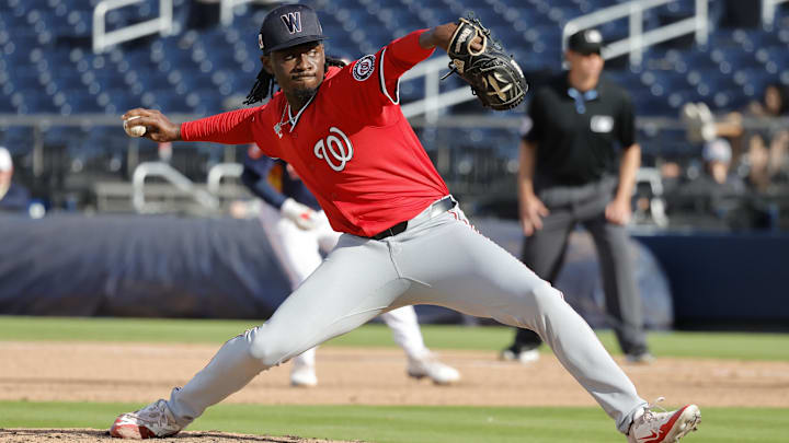 Feb 22, 2025; West Palm Beach, Florida, USA; Washington Nationals right hand pitcher Marquis Grissom Jr. throws a pitch in the ninth inning against the Houston Astros at CACTI Park of the Palm Beaches. Mandatory Credit: Reinhold Matay-Imagn Images