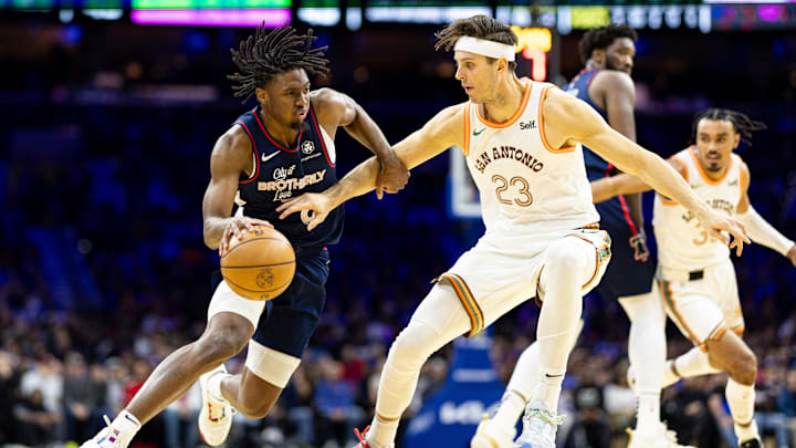 Jan 22, 2024; Philadelphia, Pennsylvania, USA; Philadelphia 76ers guard Tyrese Maxey (0) dribbles