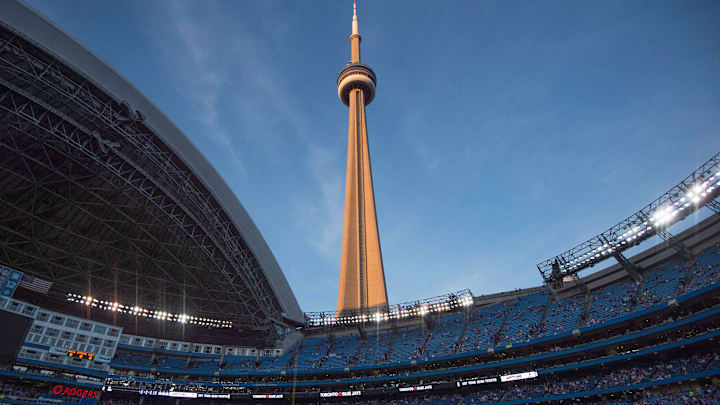 Sep 25, 2015; Toronto, Ontario, CAN; The CN Tower is visible before a game between the Tampa Bay Rays and the Toronto Blue Jays at Rogers Centre. The Toronto Blue Jays won 5-3. Sep 25, 2015; Toronto, Ontario, CAN; The CN Tower is visible before a game between the Tampa Bay Rays and the Toronto Blue Jays at Rogers Centre. The Toronto Blue Jays won 5-3.