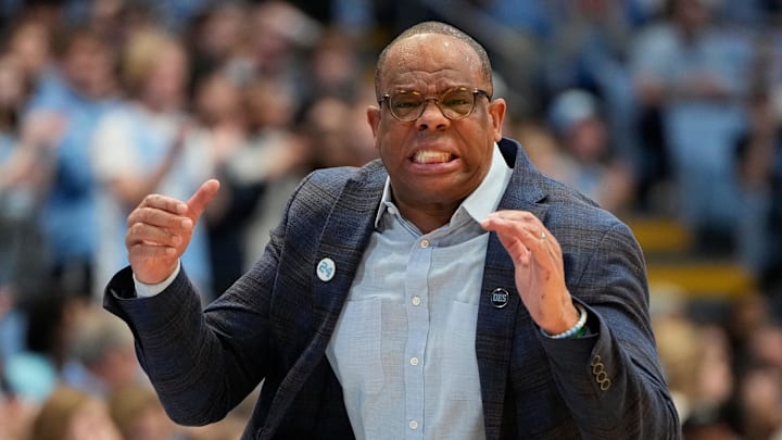 Mar 1, 2025; Chapel Hill, North Carolina, USA;  North Carolina Tar Heels head coach Hubert Davis reacts in the first half at Dean E. Smith Center. Mandatory Credit: Bob Donnan-Imagn Images