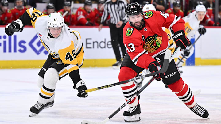 Feb 15, 2024; Chicago, Illinois, USA; Chicago Blackhawks forward Colin Blackwell (43) passes the