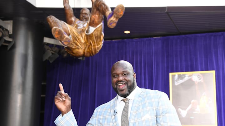 Mar 24, 2017; Los Angeles, CA, USA: Former Los Angeles Lakers center Shaquille O'Neal poses at statue unveiling ceremony at Staples Center. Mandatory Credit: Kirby Lee-Imagn Images