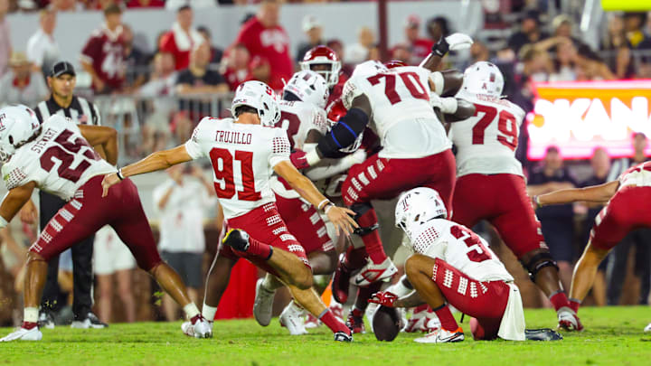 Aug 30, 2024; Norman, Oklahoma, USA; Temple Owls place kicker Maddux Trujillo (91) makes a field goal during the second half against the Oklahoma Sooners at Gaylord Family-Oklahoma Memorial Stadium. Mandatory Credit: Kevin Jairaj-Imagn Images