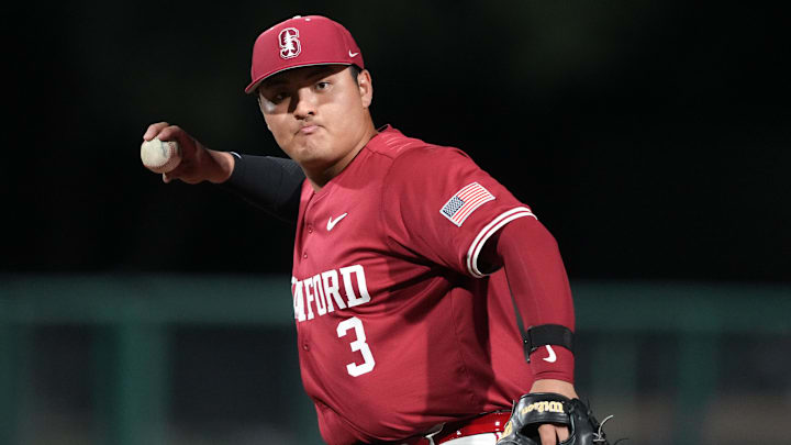 Mar 1, 2025; Stanford, CA, USA; Stanford Cardinal first baseman Rintaro Sasaki (3) throws during the eighth inning against the Xavier Musketeers at Sunken Diamond. Mandatory Credit: Darren Yamashita-Imagn Images