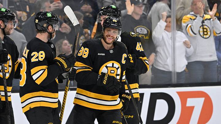 Oct 8, 2026; Boston, Massachusetts, USA; Boston Bruins right wing David Pastrnak (88) reacts after scoring a power play goal against the Utah Mammoth during the first period at TD Garden. Mandatory Credit: Eric Canha-Imagn Images