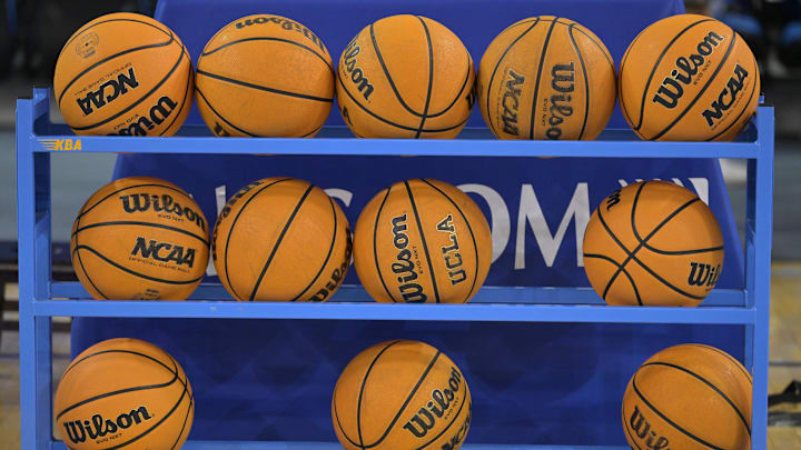 Feb 16, 2023; Los Angeles, California, USA; General view of NCAA Pac 12 basketballs on the court at Pauley Pavilion presented by Wescom. Mandatory Credit: Jayne Kamin-Oncea-Imagn Images Feb 16, 2023; Los Angeles, California, USA; General view of NCAA Pac 12 basketballs on the court at Pauley Pavilion presented by Wescom. Mandatory Credit: Jayne Kamin-Oncea-Imagn Images