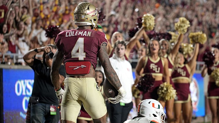 Nov 11, 2023; Tallahassee, Florida, USA; Florida State Seminoles wide receiver Keon Coleman (4)