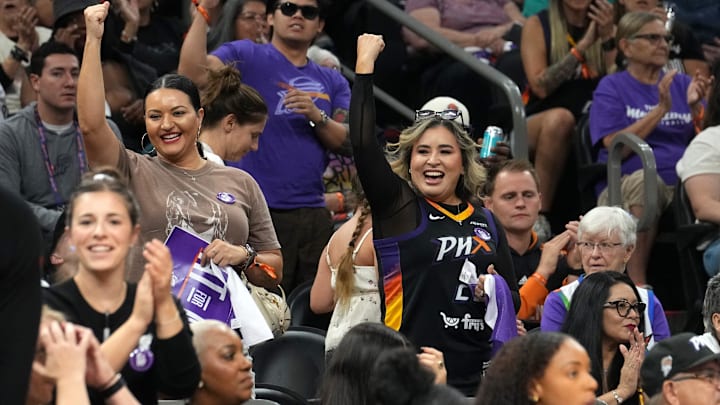 Fans cheer as the Phoenix Mercury play against the New York Liberty at PHX Arena, Aug. 30, 2025, in Phoenix.