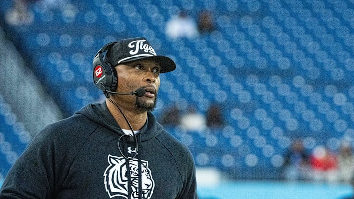 Tennessee State head coach Eddie George reacts watches the scoreboard during a timeout against Southeast Missouri State at Nissan Stadium in Nashville, Tenn., Saturday, Nov. 23, 2024.