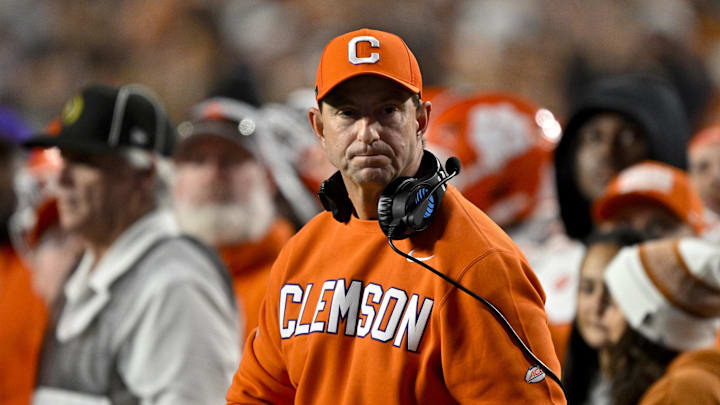 Dec 21, 2024; Austin, Texas, USA; Clemson Tigers head coach Dabo Swinney during the game between the Texas Longhorns and the Clemson Tigers in the CFP National Playoff First Round at Darrell K Royal-Texas Memorial Stadium. Mandatory Credit: Jerome Miron-Imagn Images