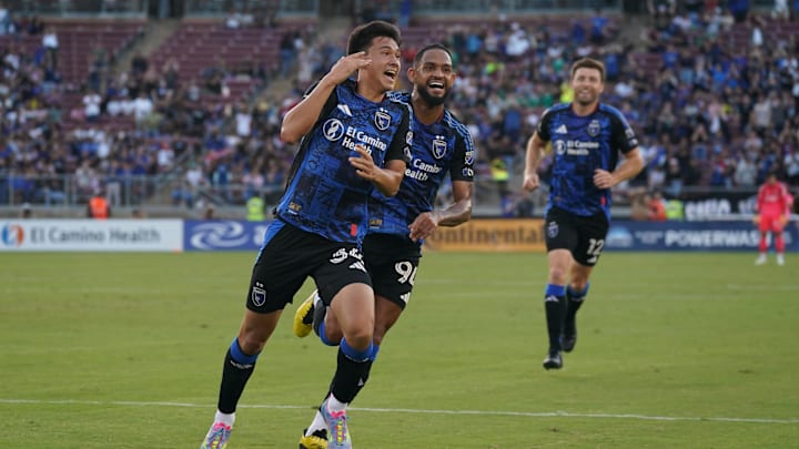 Jun 28, 2025; Stanford, California, USA; San Jose Earthquakes midfielder Beau Leroux (34) celebrates with defender Vitor Costa (94) after scoring a goal against the LA Galaxy in the first half at Stanford Stadium. Mandatory Credit: David Gonzales-Imagn Images Jun 28, 2025; Stanford, California, USA; San Jose Earthquakes midfielder Beau Leroux (34) celebrates with defender Vitor Costa (94) after scoring a goal against the LA Galaxy in the first half at Stanford Stadium. Mandatory Credit: David Gonzales-Imagn Images