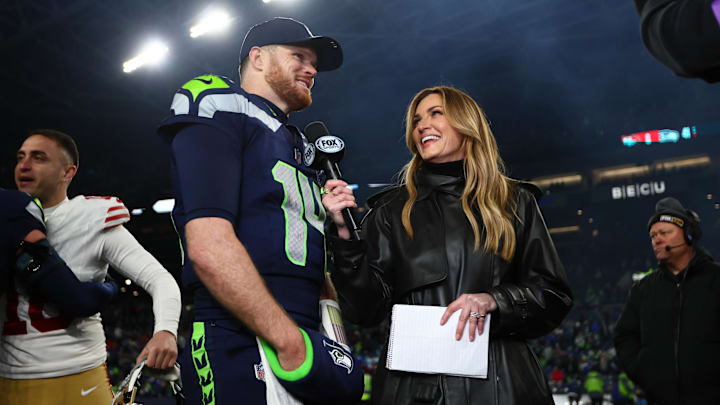 Jan 17, 2026; Seattle, WA, USA; Seattle Seahawks quarterback Sam Darnold (14) is interview by Fox Sports Erin Andrews following an NFC Divisional Round game against the San Francisco 49ers at Lumen Field. Mandatory Credit: Kevin Ng-Imagn Images Jan 17, 2026; Seattle, WA, USA; Seattle Seahawks quarterback Sam Darnold (14) is interview by Fox Sports Erin Andrews following an NFC Divisional Round game against the San Francisco 49ers at Lumen Field. Mandatory Credit: Kevin Ng-Imagn Images