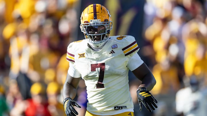 Oct 18, 2025; Tempe, Arizona, USA; Arizona State Sun Devils tight end Chamon Metayer (7) against the Texas Tech Red Raiders at Mountain America Stadium. Mandatory Credit: Mark J. Rebilas-Imagn Images