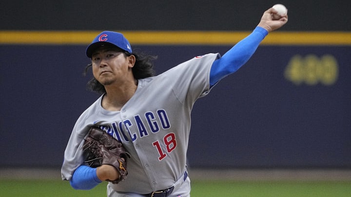 May 4, 2025; Milwaukee, Wisconsin, USA; Chicago Cubs pitcher Shota Imanaga (18) delivers a pitch against the Milwaukee Brewers in the first inning at American Family Field.