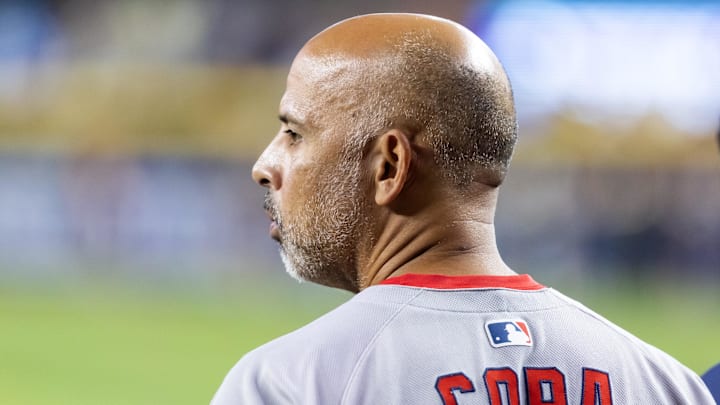 Sep 7, 2025; Phoenix, Arizona, USA; Boston Red Sox manager Alex Cora against the Arizona Diamondbacks at Chase Field. Mandatory Credit: Mark J. Rebilas-Imagn Images